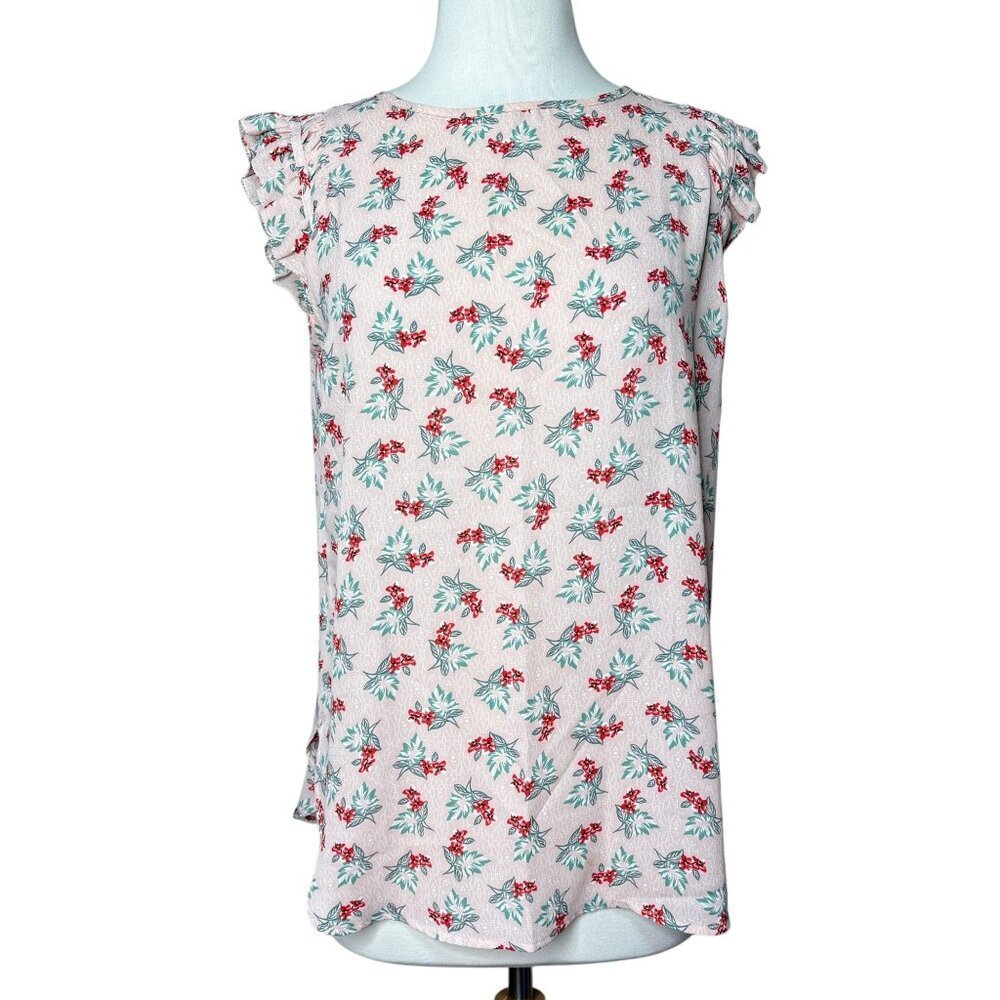 LOFT Floral Ruffle Sleeve Blouse Pink Red Teal Lightweight Shell Top Small S